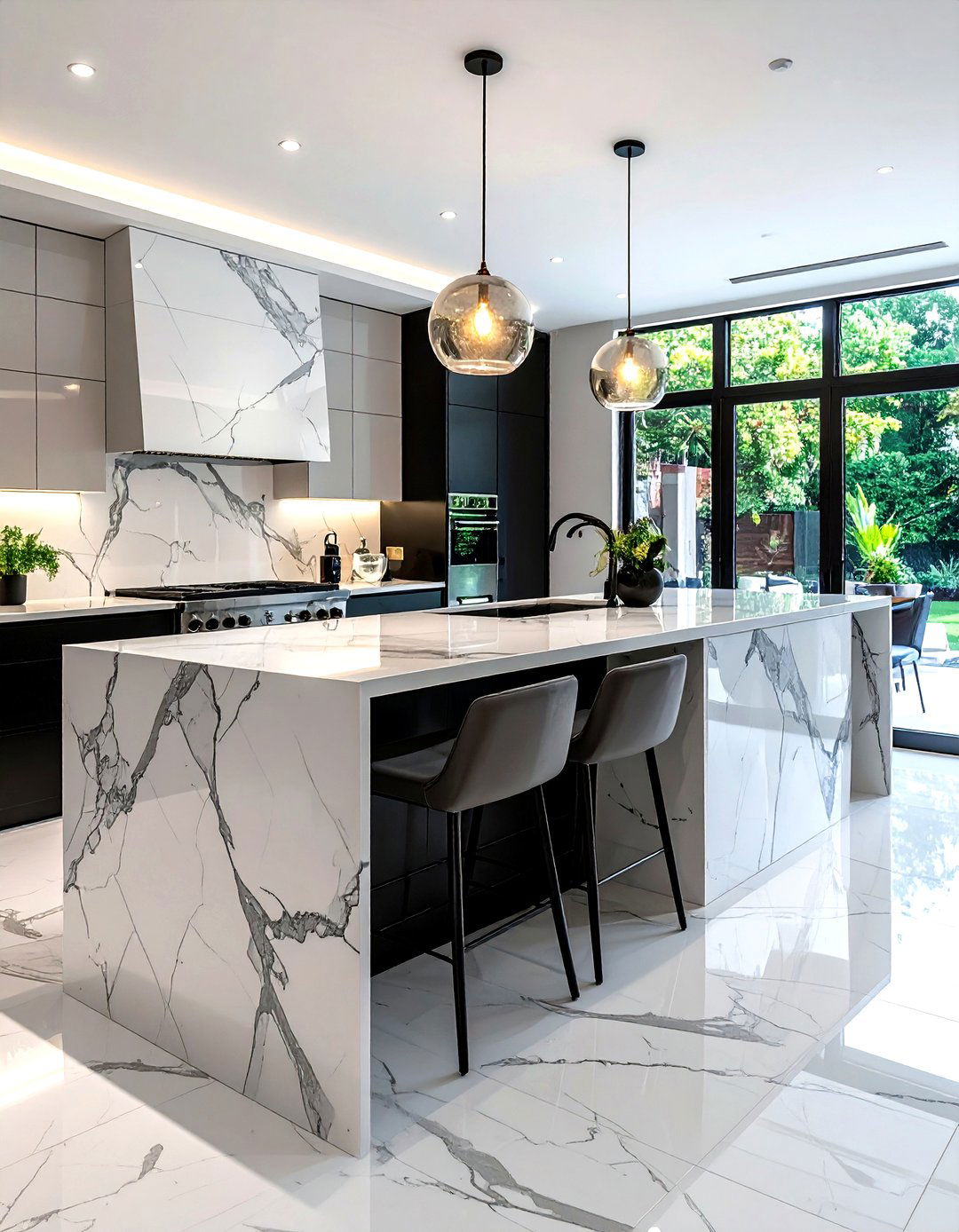 Waterfall Edge Marble Island - 30 marble kitchen island ideas