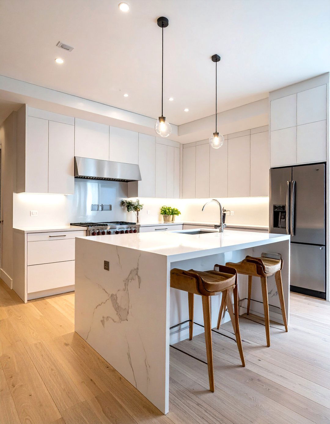 Waterfall Edge Quartz Island - 30 white countertop kitchen ideas