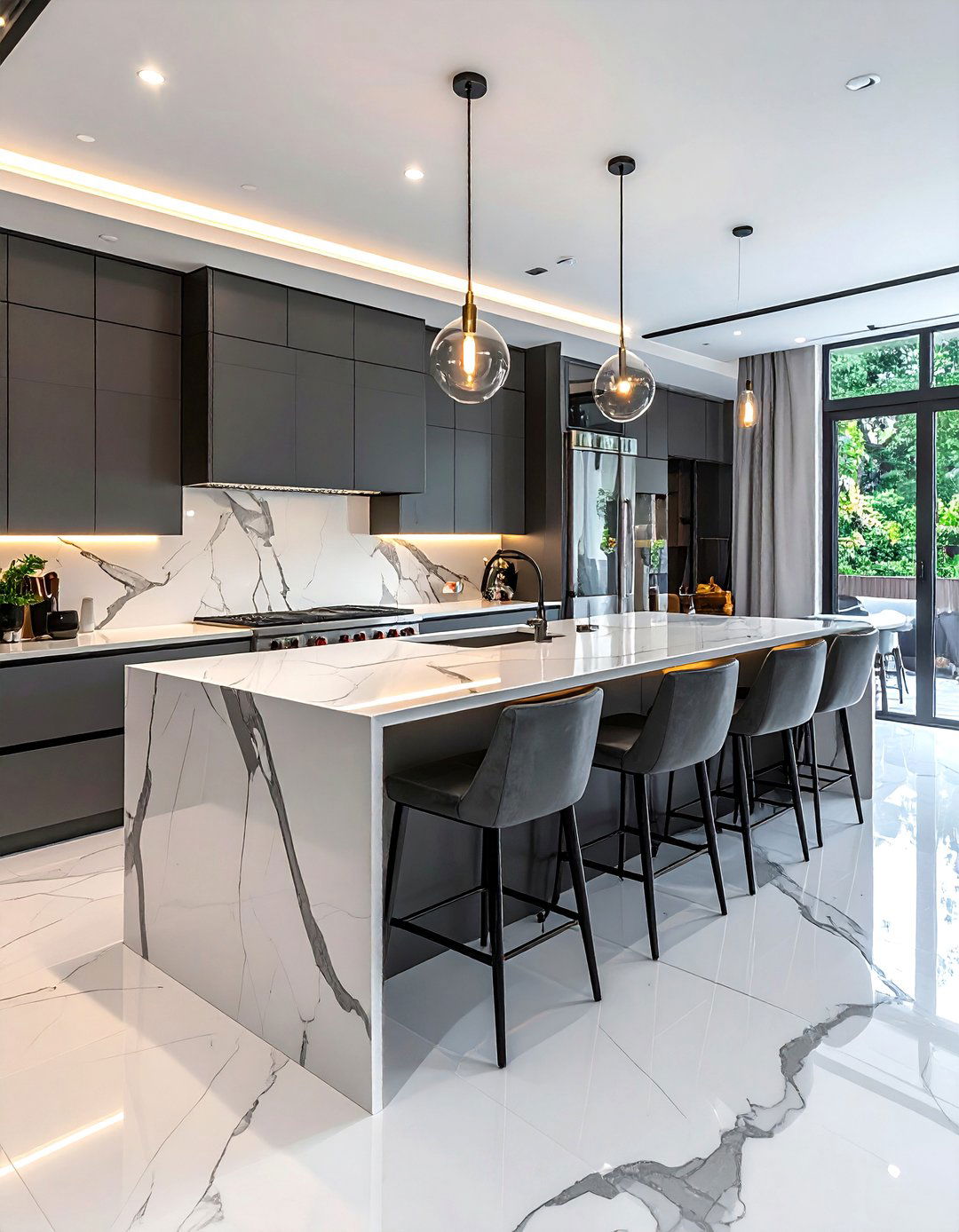 Waterfall Quartz Island - 30 quartz kitchen ideas