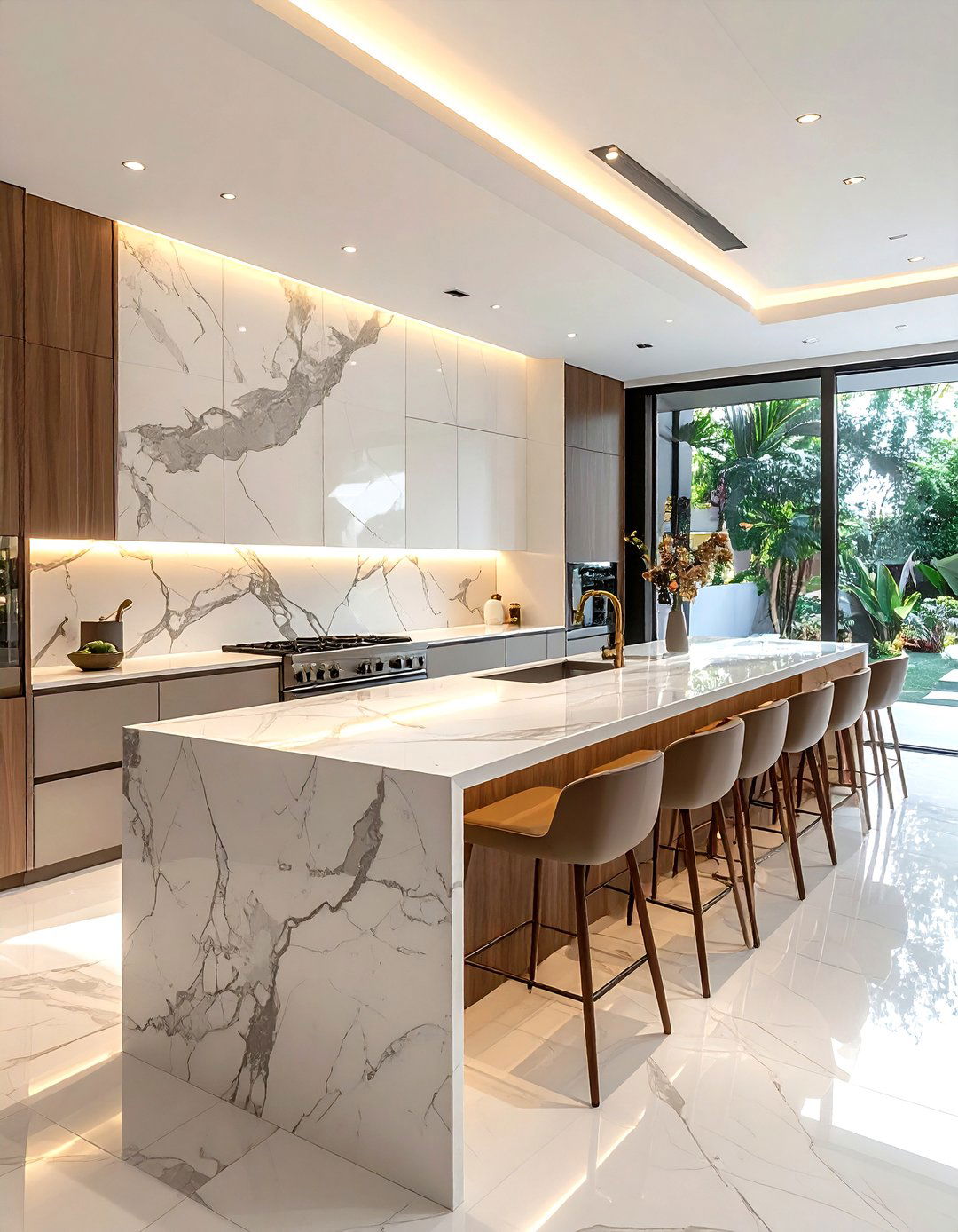 Waterfall island countertop - 30 sophisticated kitchen ideas