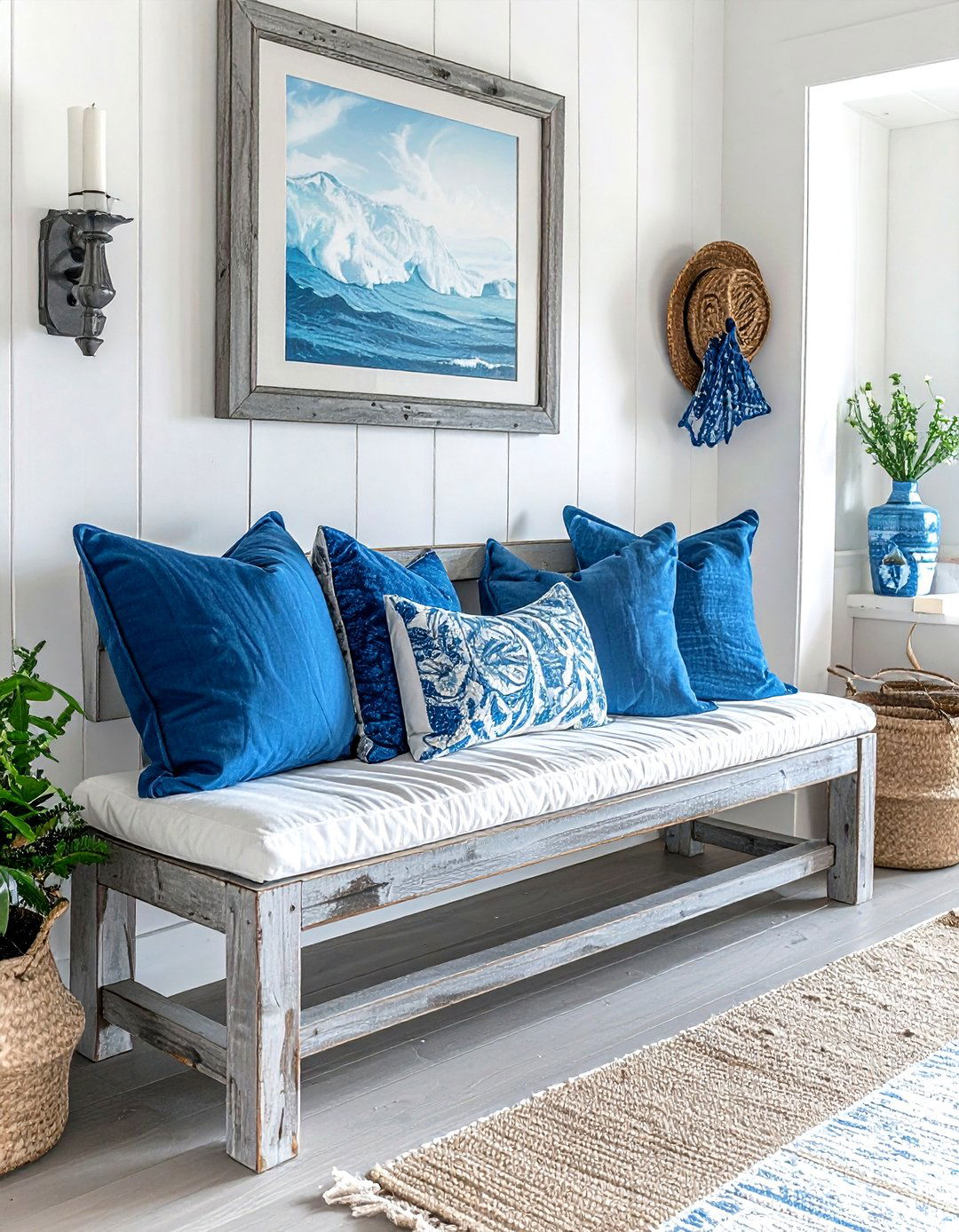 Weathered wood bench - 30 coastal grandmother decor ideas