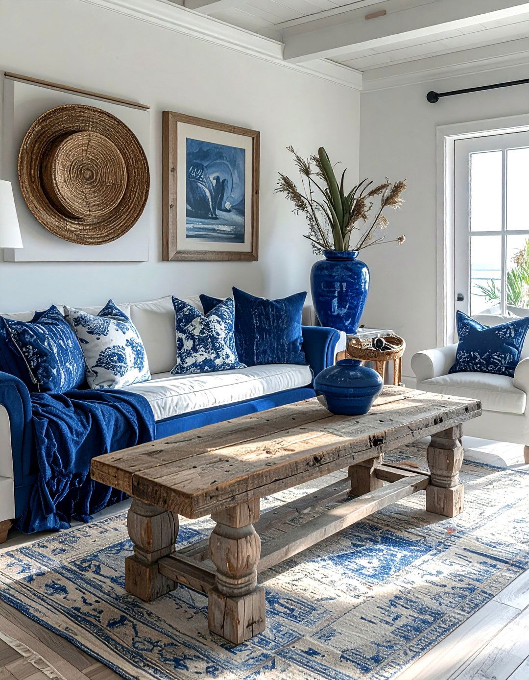Weathered wood furniture - 30 coastal navy living room ideas
