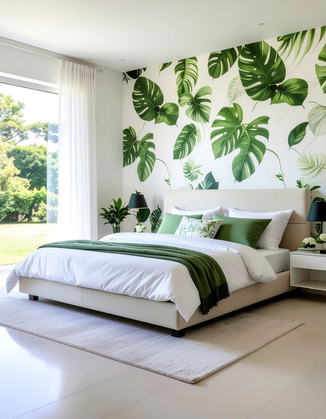 White And Green Leaf - 30 bedroom tropical wallpapers