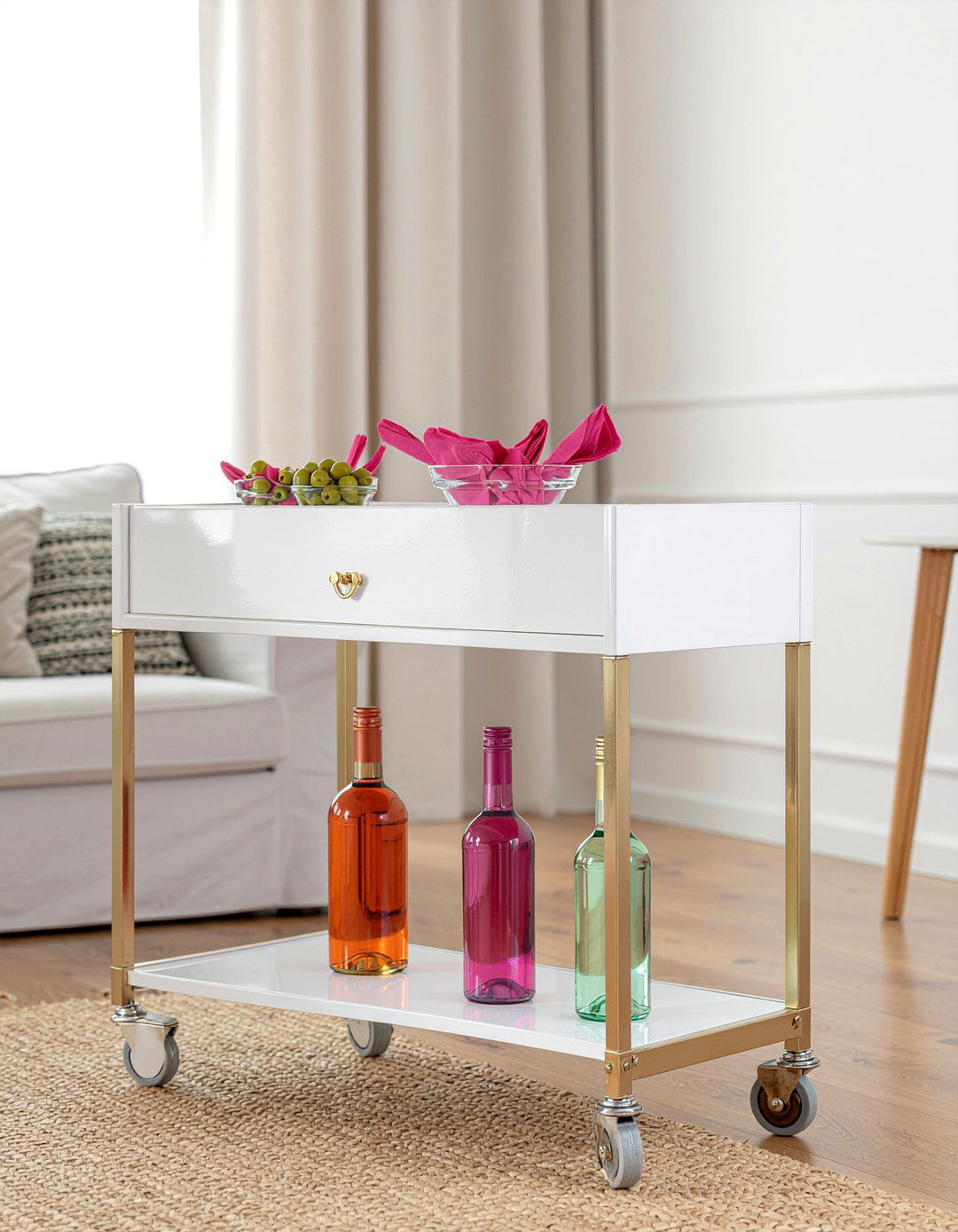 White Bar Cart - 30 living room bar cart ideas