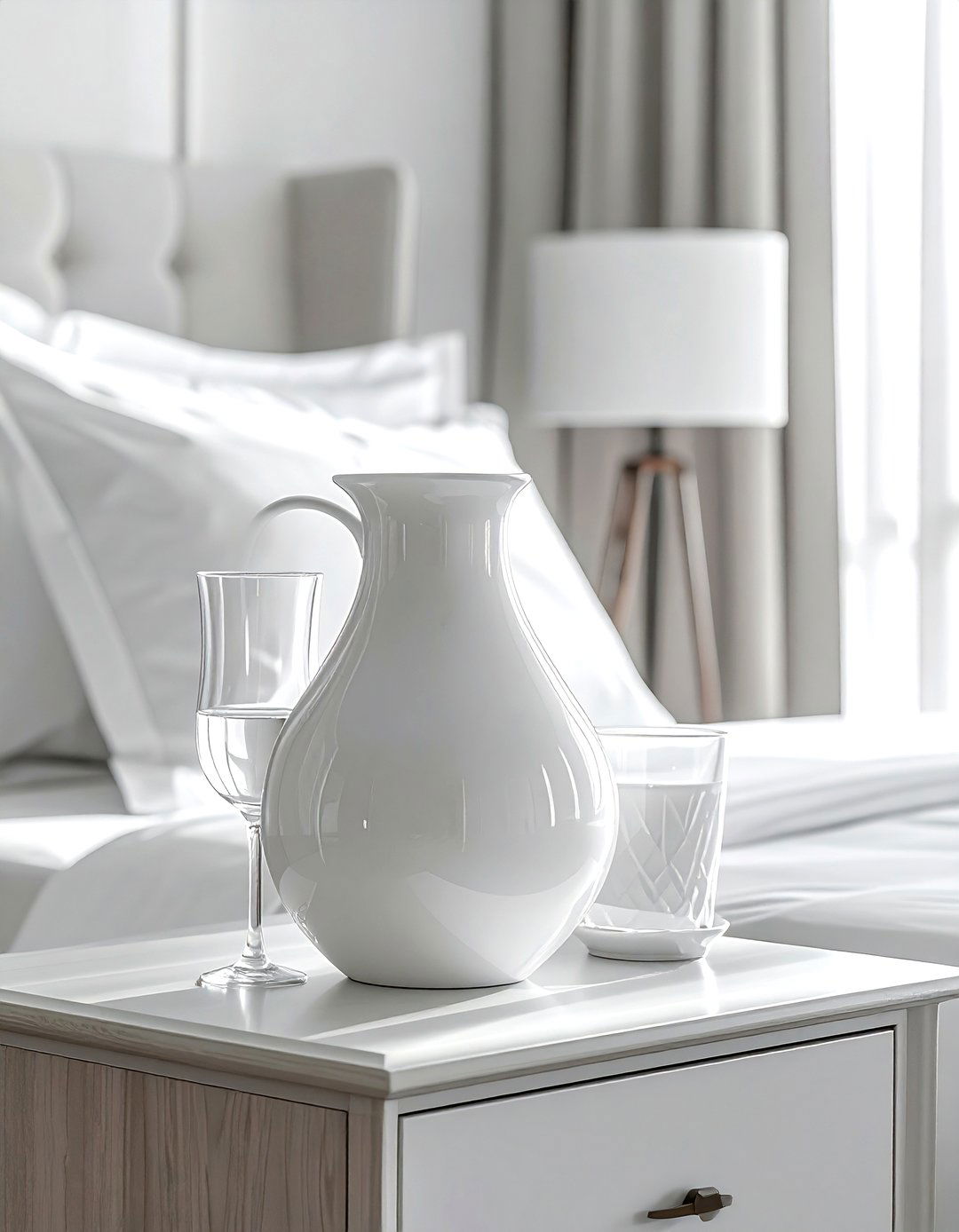 White Bedside Carafe - 30 white bedroom accessories ideas