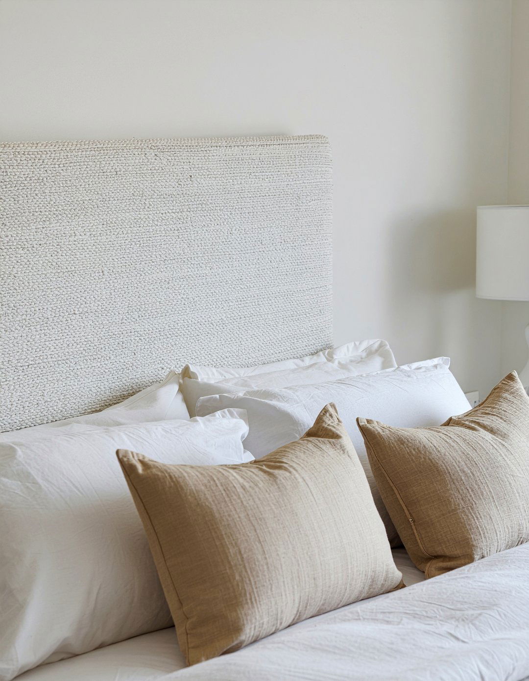 White Boucle Fabric - 30 bedroom floating headboard ideas