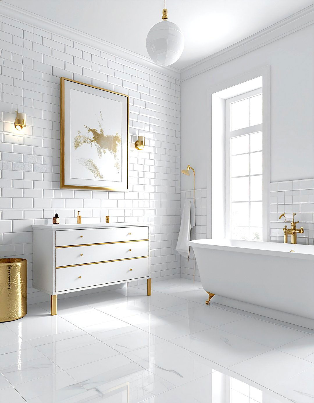 White Brick Tile Gold Accents - 30 white and gold bathroom ideas