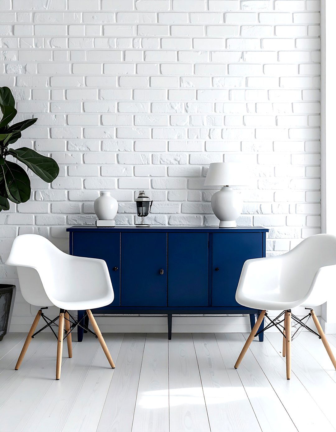 White Brick Wall - 30 navy and white dining room ideas