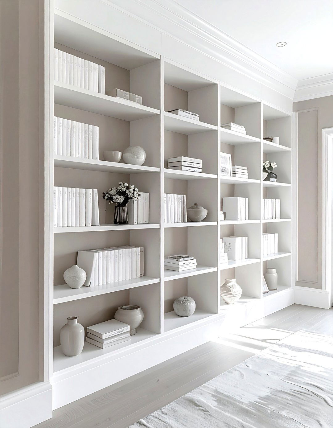 White Built In Bookshelves - 30 taupe and white living room ideas