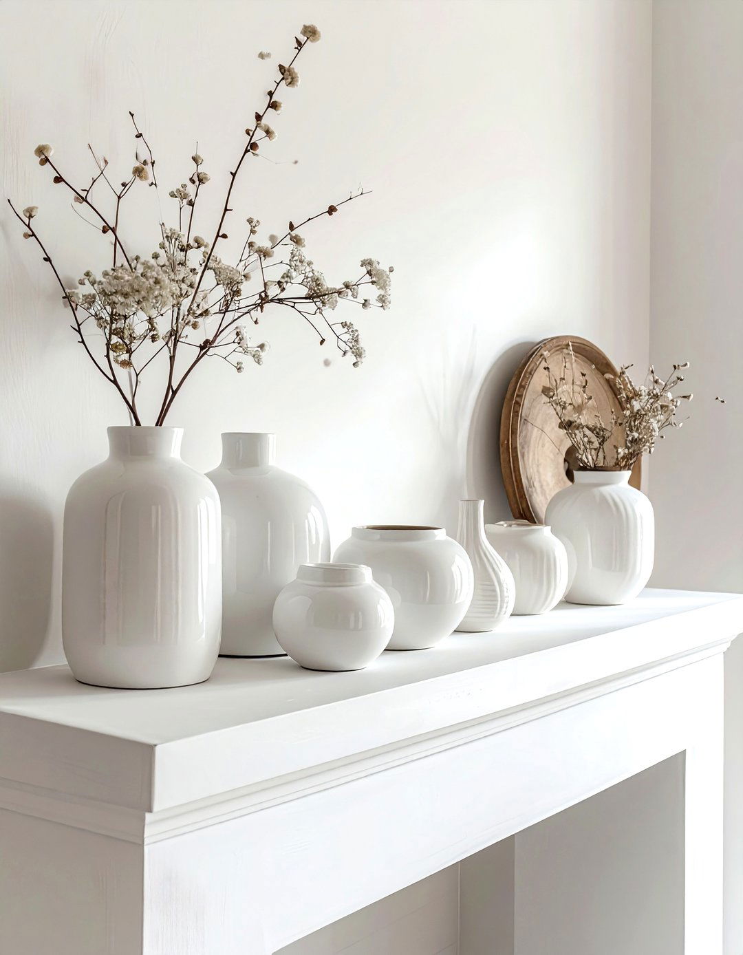 White Ceramic Jars - 30 minimalist mantel ideas