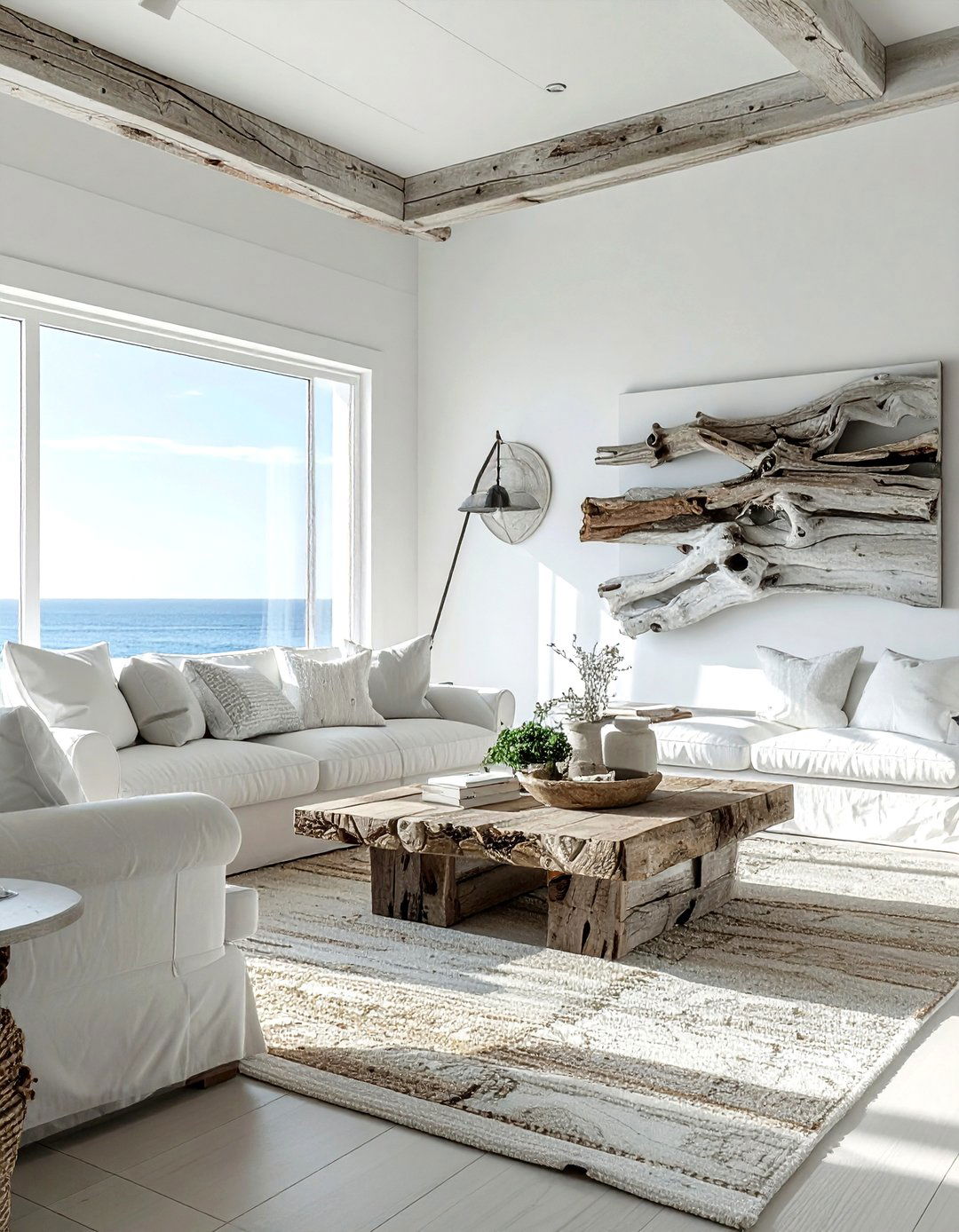 White Coastal Living Room With Driftwood - 30 coastal white living room ideas