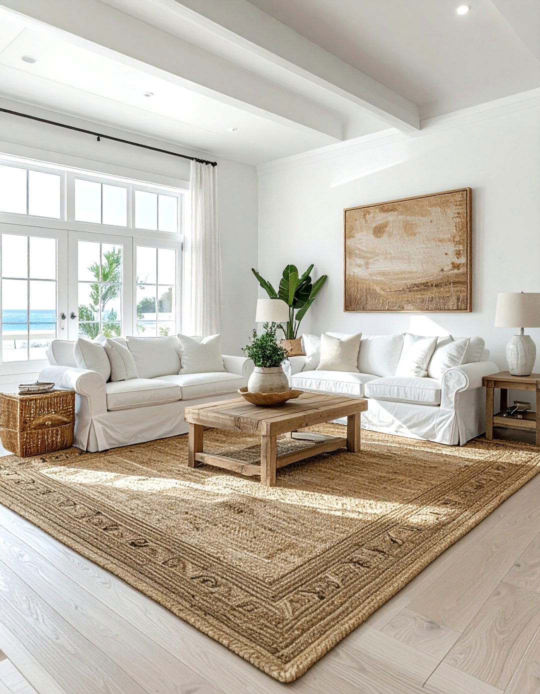White Coastal Living Room With Jute Rugs - 30 coastal white living room ideas