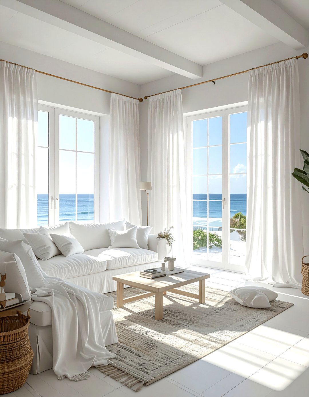 White Coastal Living Room With Sheer Curtains - 30 coastal white living room ideas