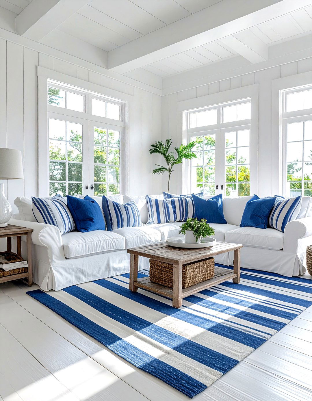 White Coastal Living Room With Striped Patterns - 30 coastal white living room ideas