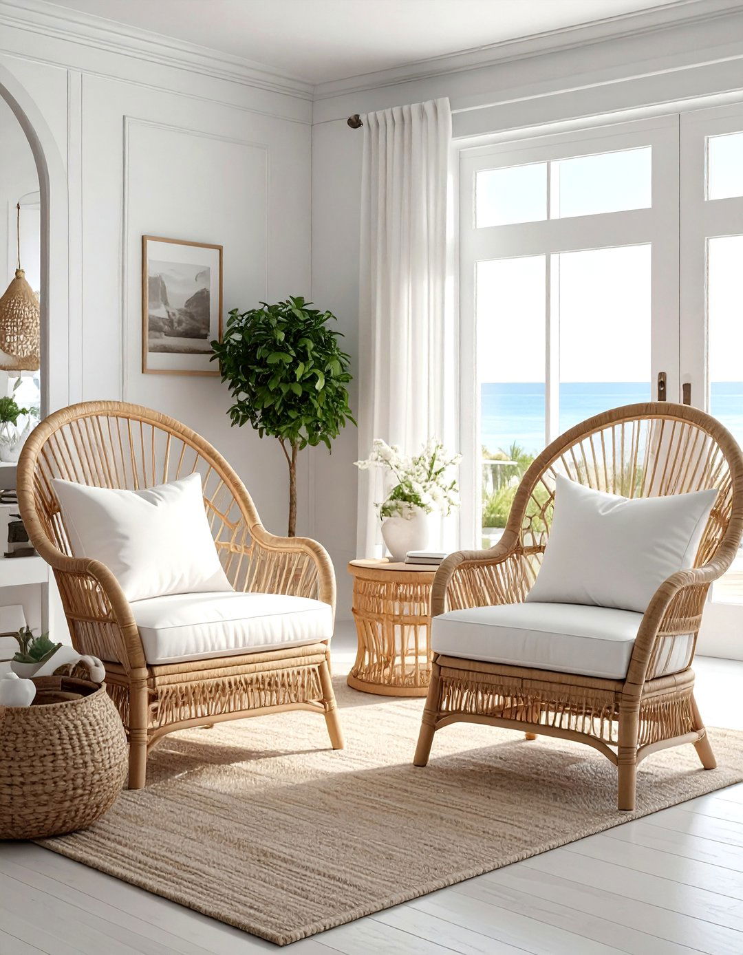 White Coastal Living Room With Wicker Chairs - 30 coastal white living room ideas