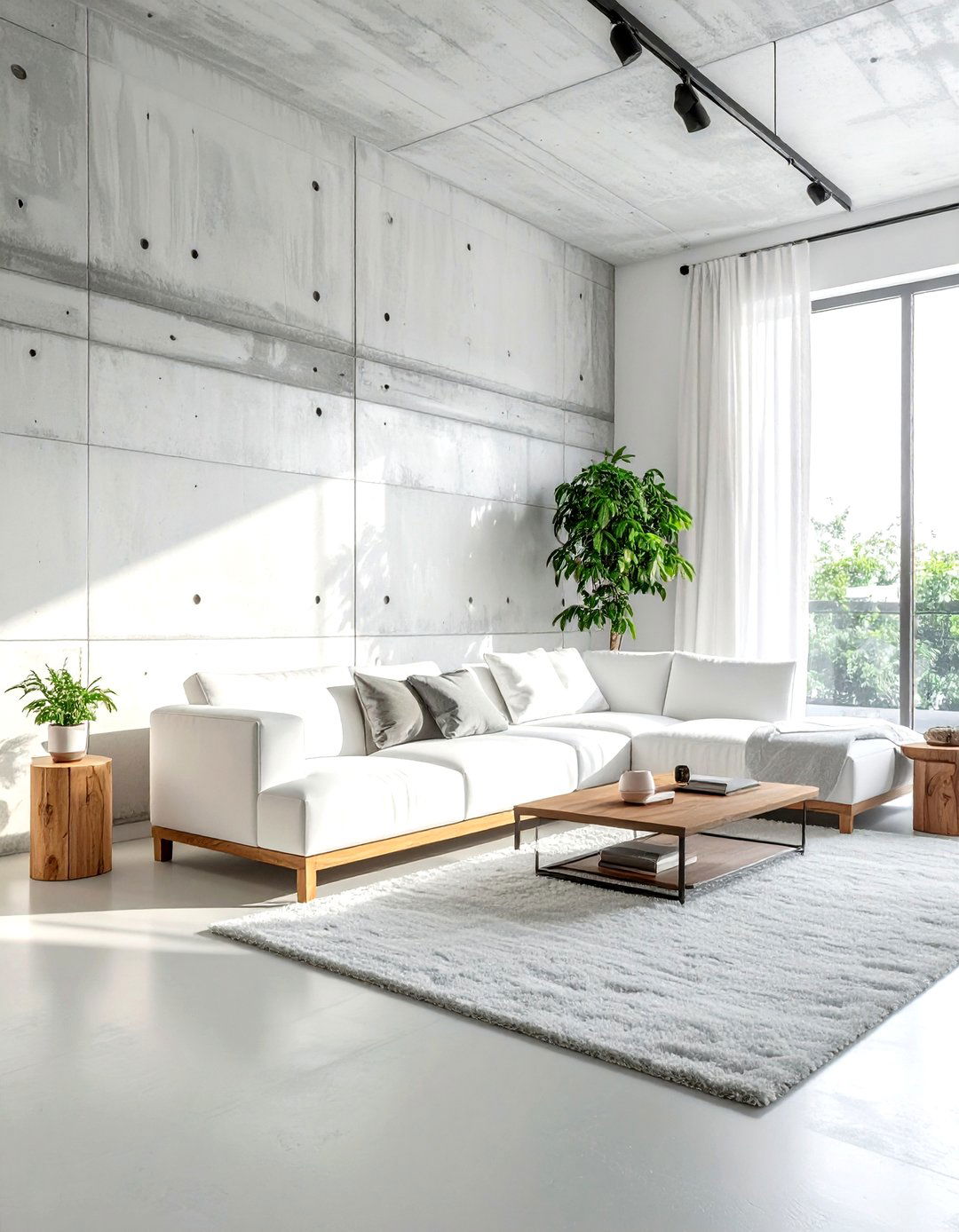 White Concrete Wall - 30 industrial white living room ideas
