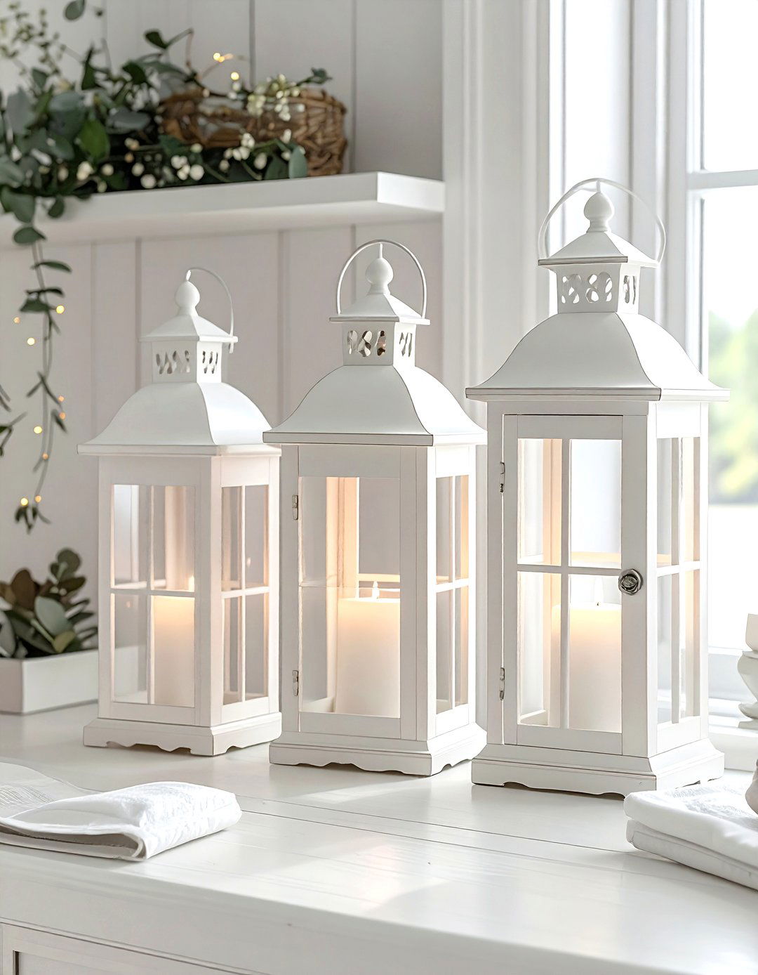 White Farmhouse Lantern Set - 30 living room candle lanterns