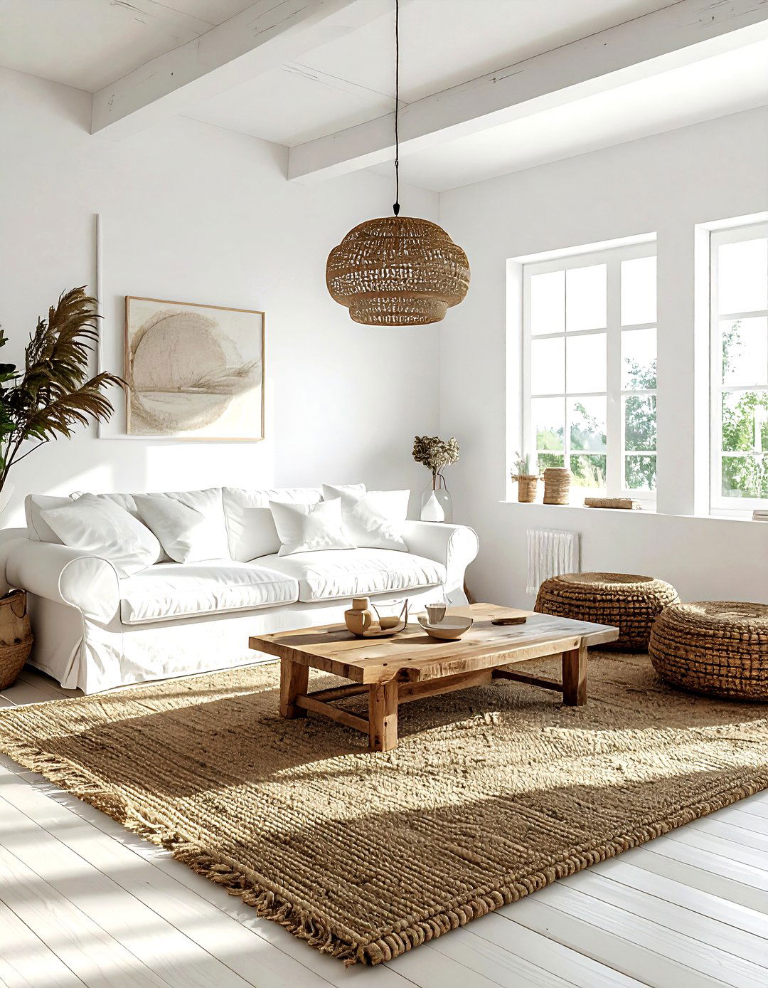 White Farmhouse Living Room Jute Rug - 30 farmhouse white living room ideas