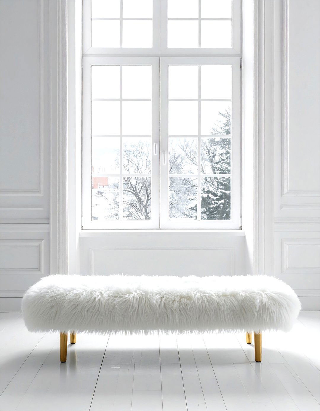 White Faux Fur Bench - 30 living room white furniture ideas