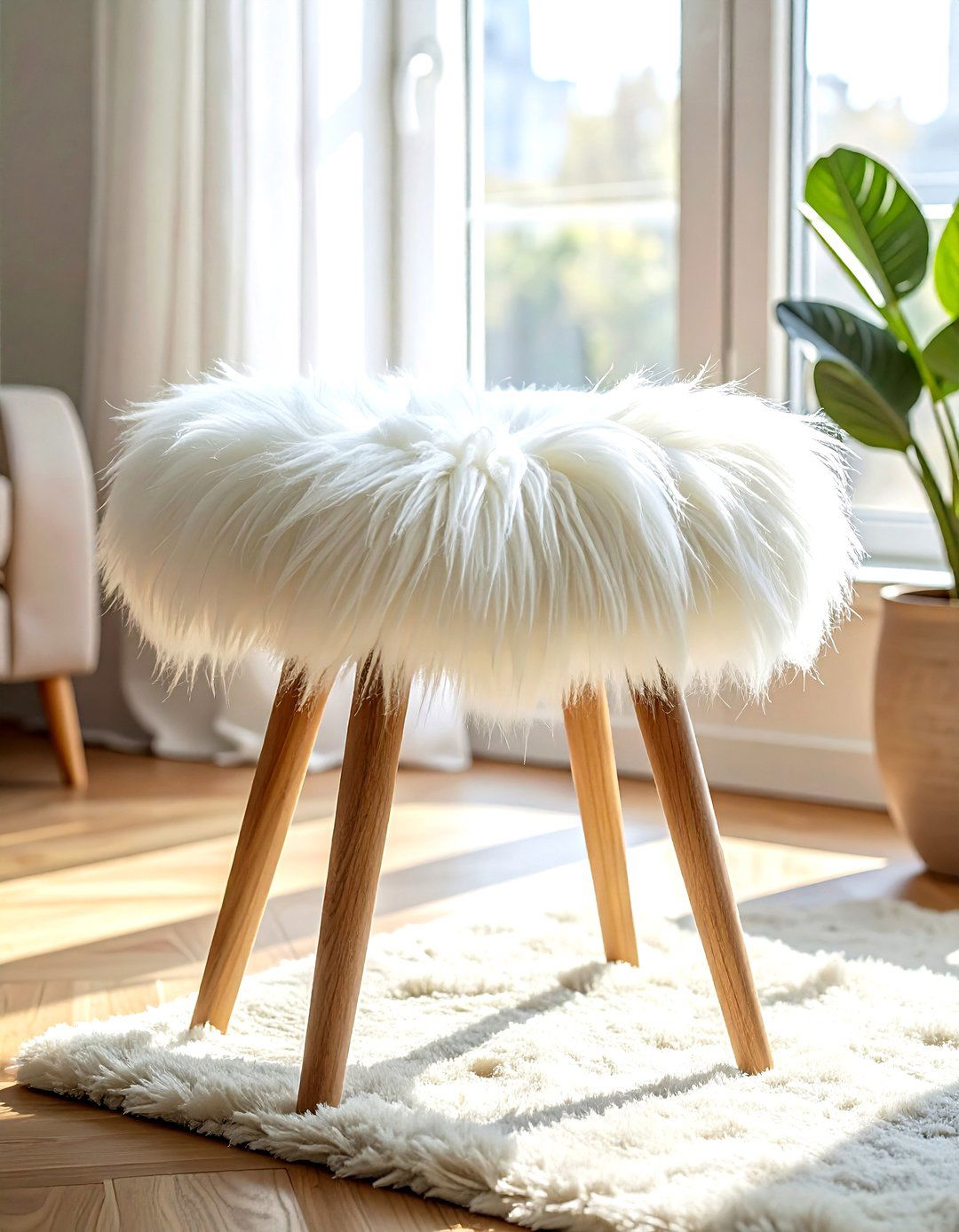 White Faux Fur Stool - 30 white living room furniture ideas