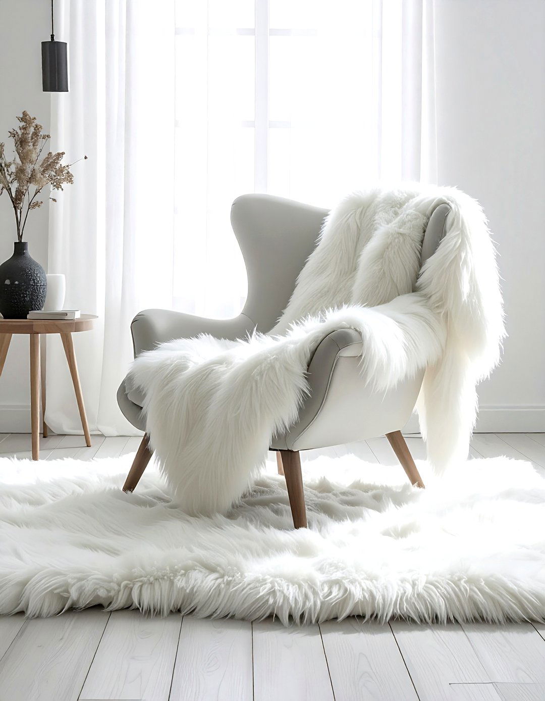 White Faux Fur - 30 white living room accessories ideas