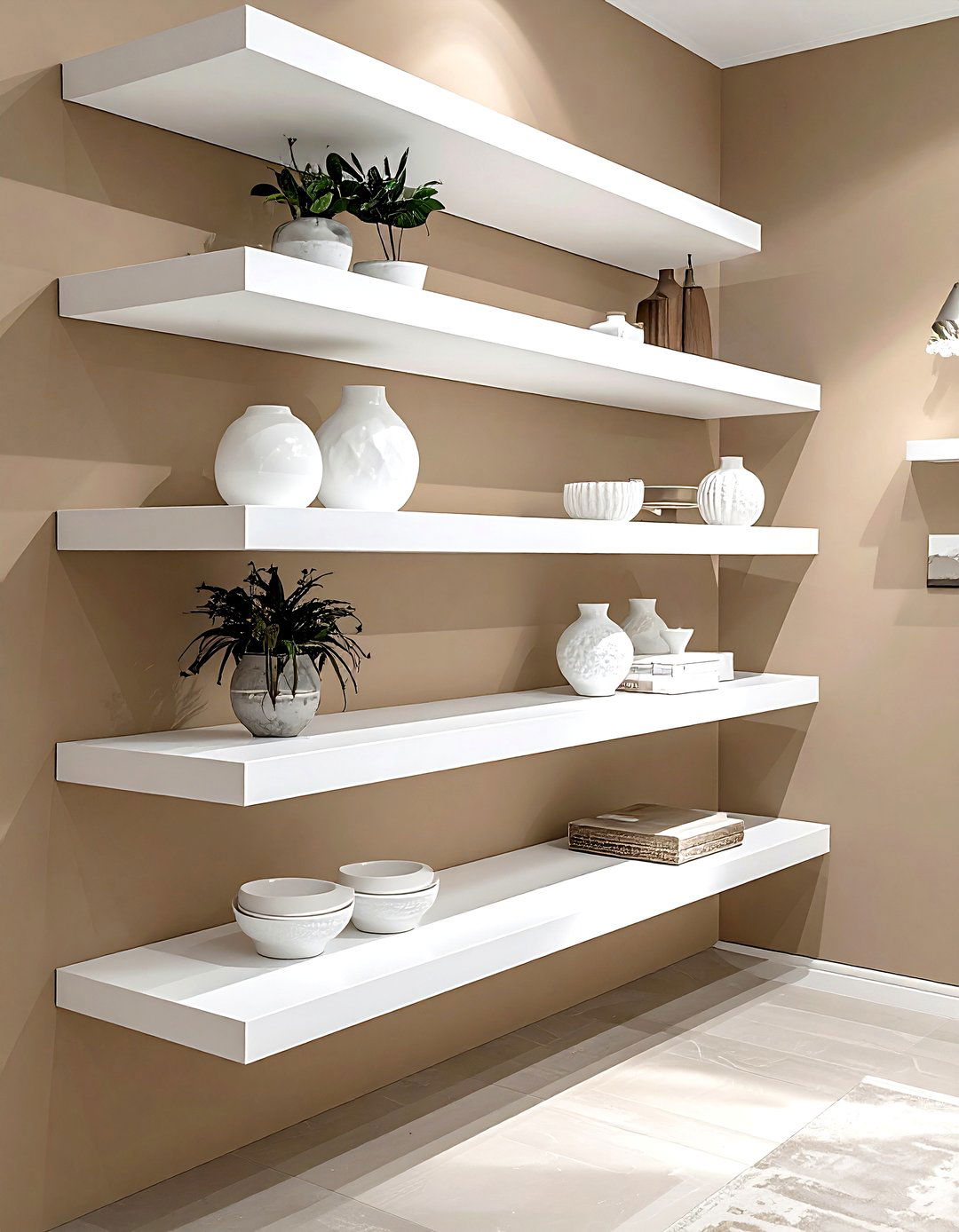 White Floating Shelves - 30 taupe and white living room ideas