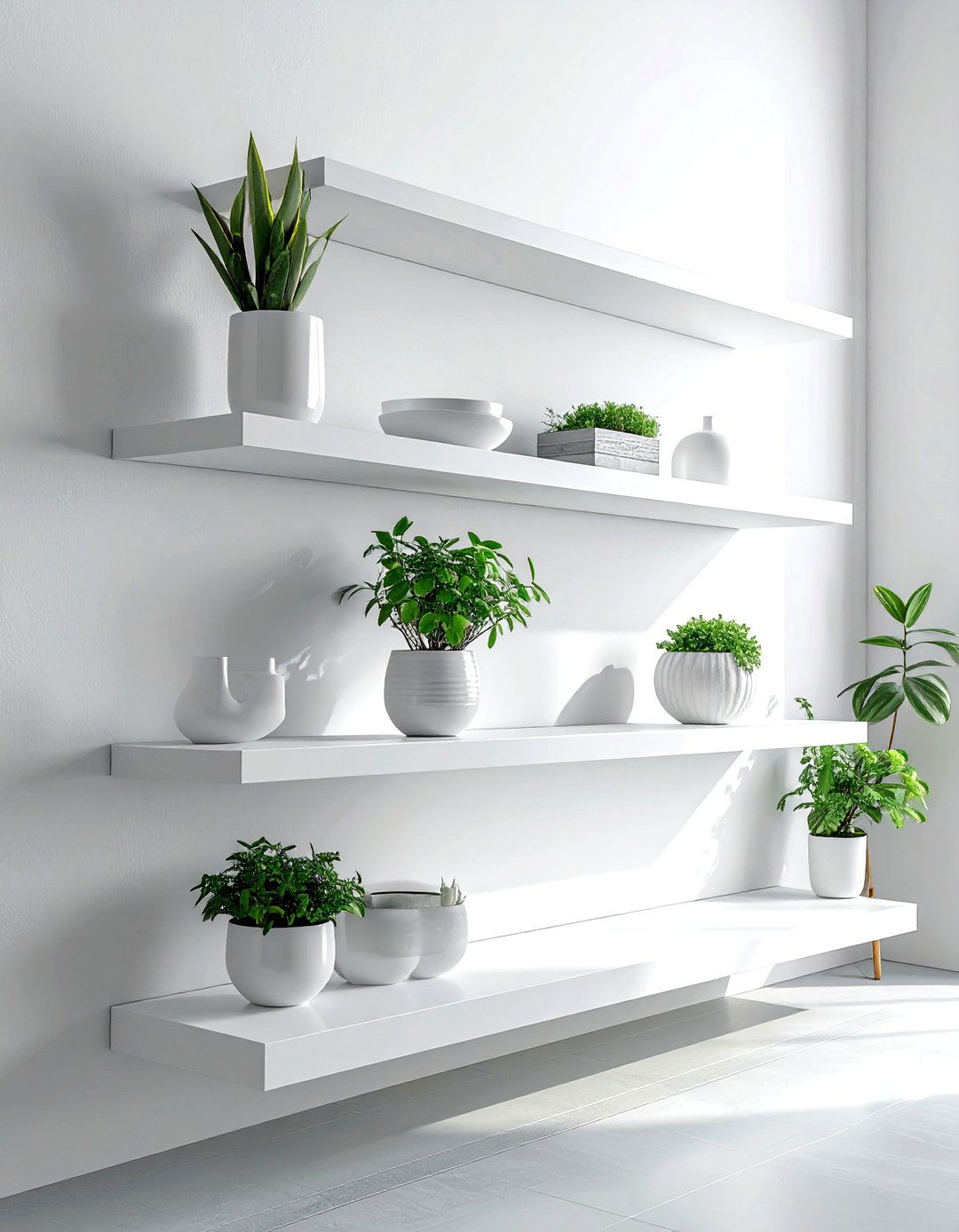 White Floating Shelves - 30 white living room furniture ideas