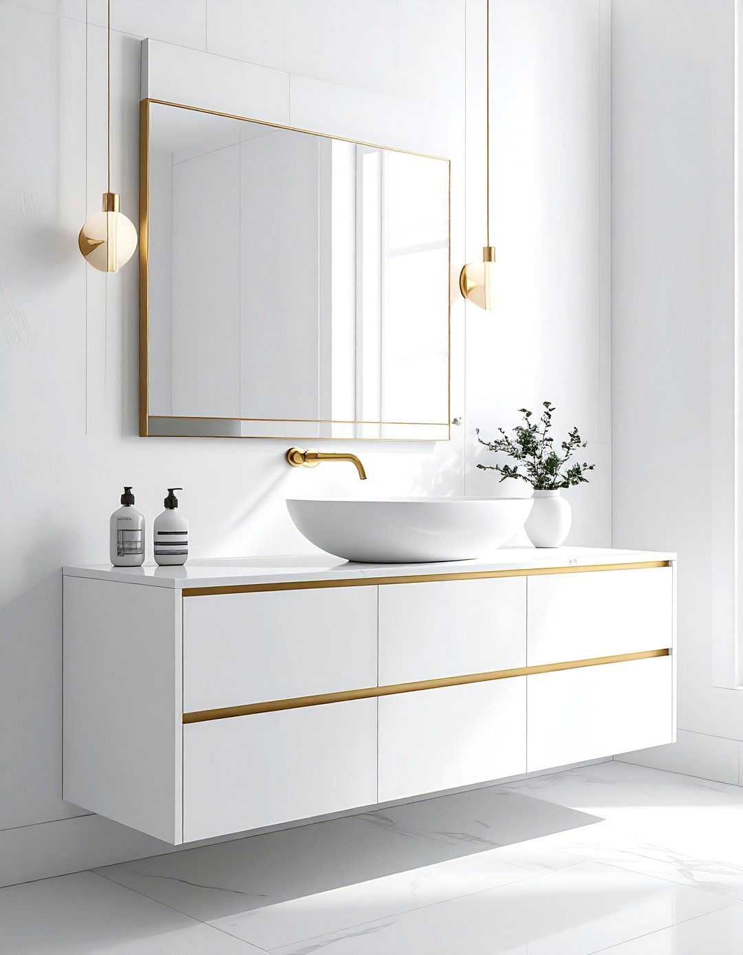 White Floating Vanity Gold Accents - 30 white and gold bathroom ideas