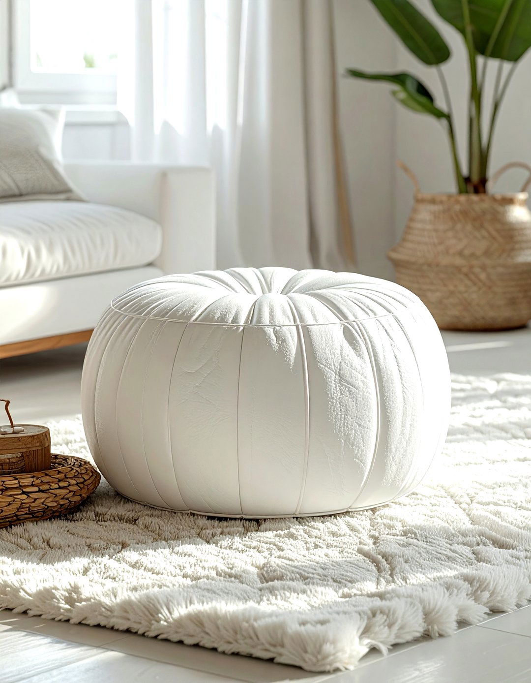 White Floor Pouf - 30 white living room accessories ideas