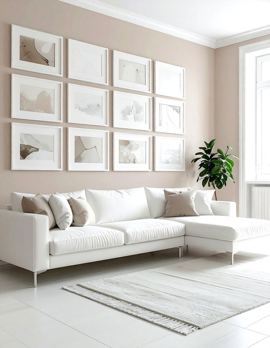 White Gallery Wall - 30 taupe and white living room ideas