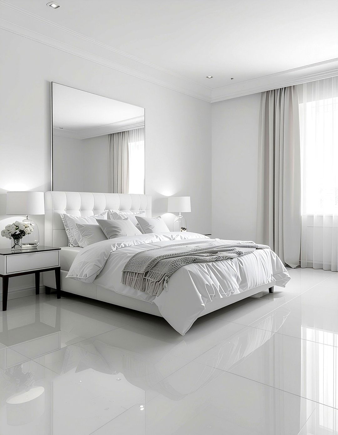 White Glossy Floor Tile - 30 bedroom tile ideas