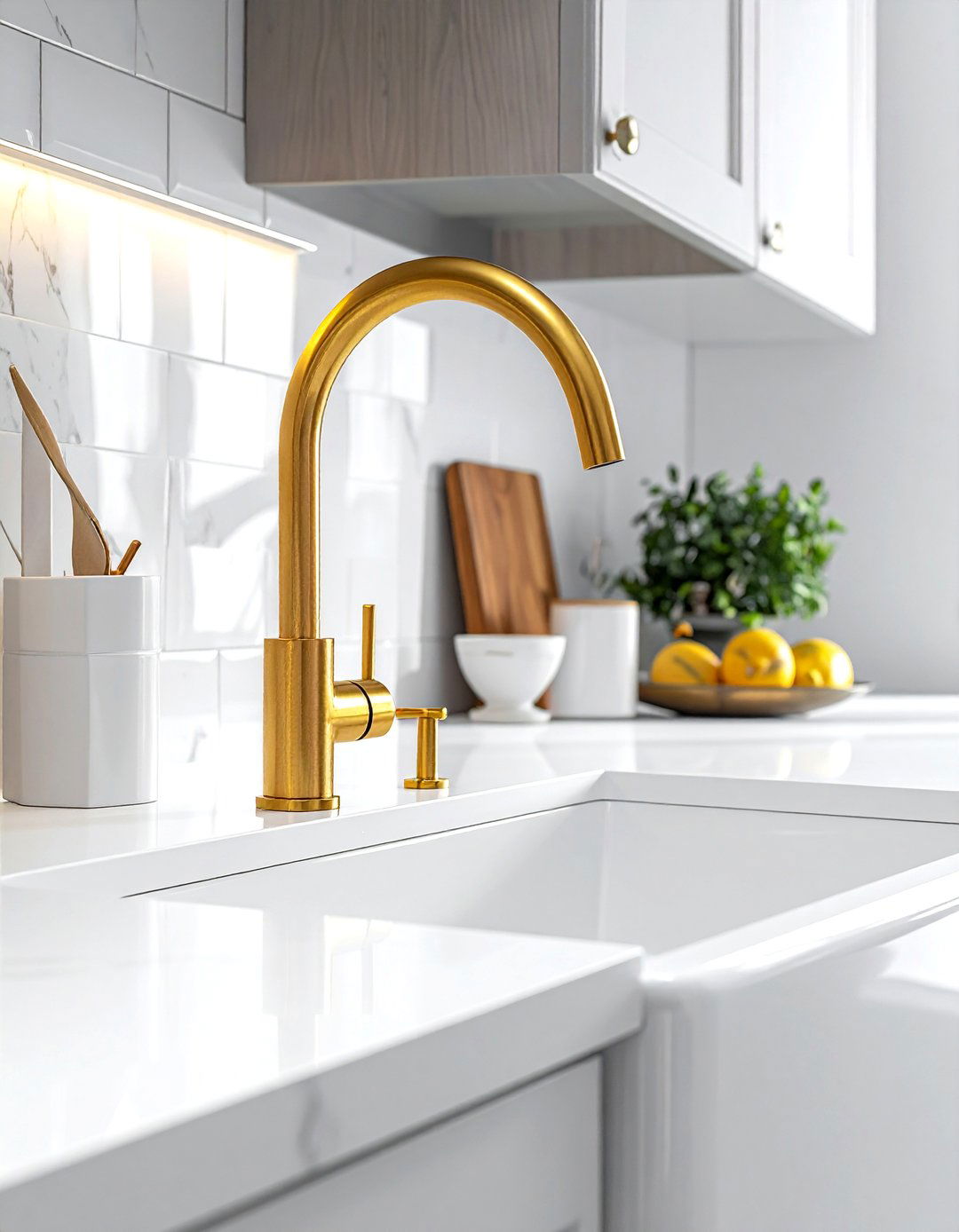 White Gold Faucet - 30 white kitchen ideas