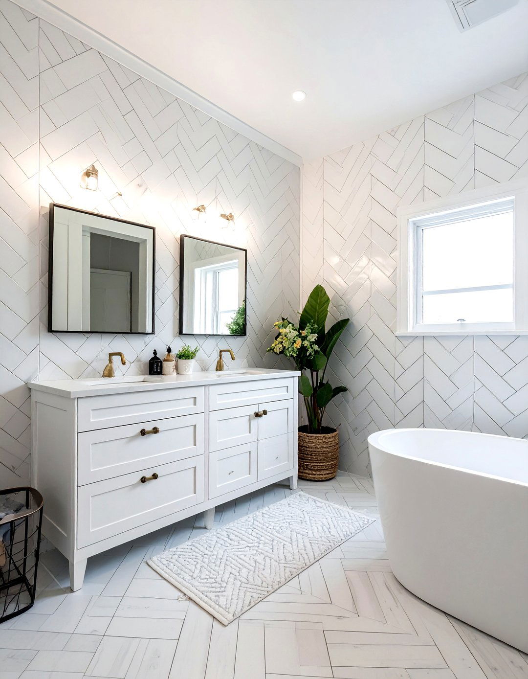 White Herringbone Tile - 30 feature wall tile bathroom ideas