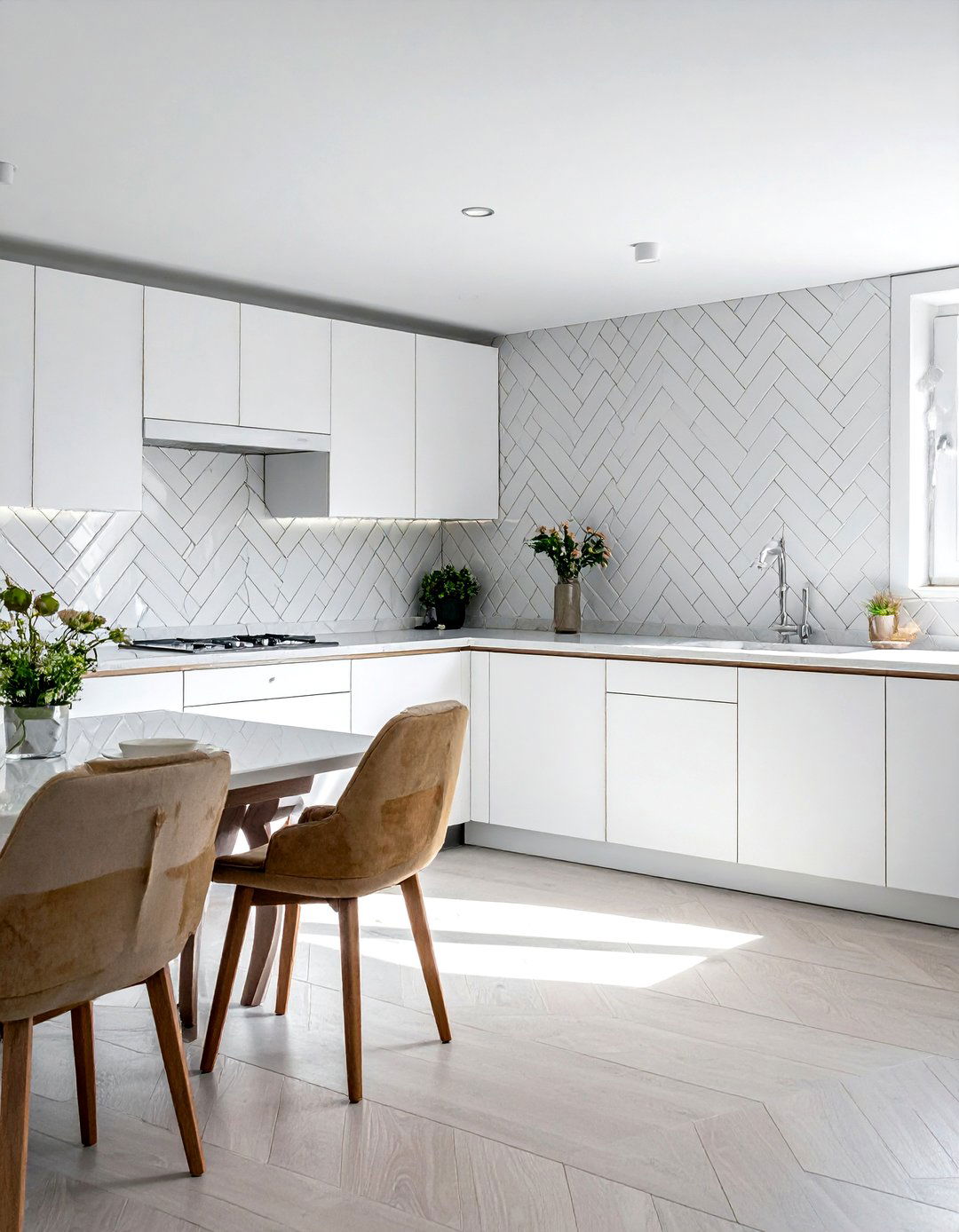 White Herringbone Tile - 30 white kitchen ideas