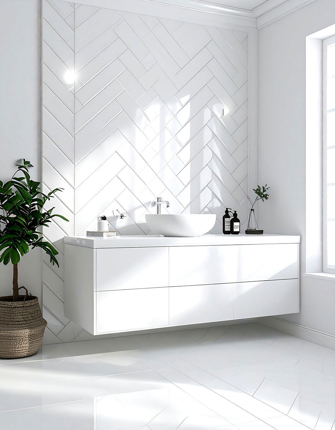 White Herringbone Tile - 30 cream and white bathroom ideas