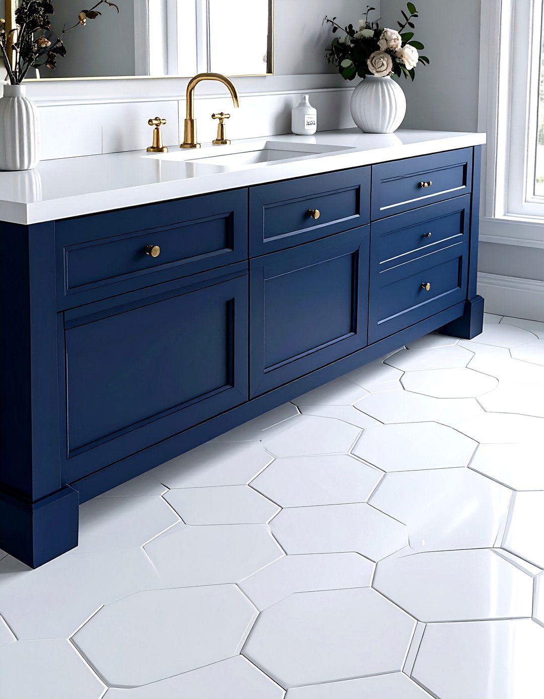 White Hexagon Floor Tile - 30 vintage modern bathroom ideas