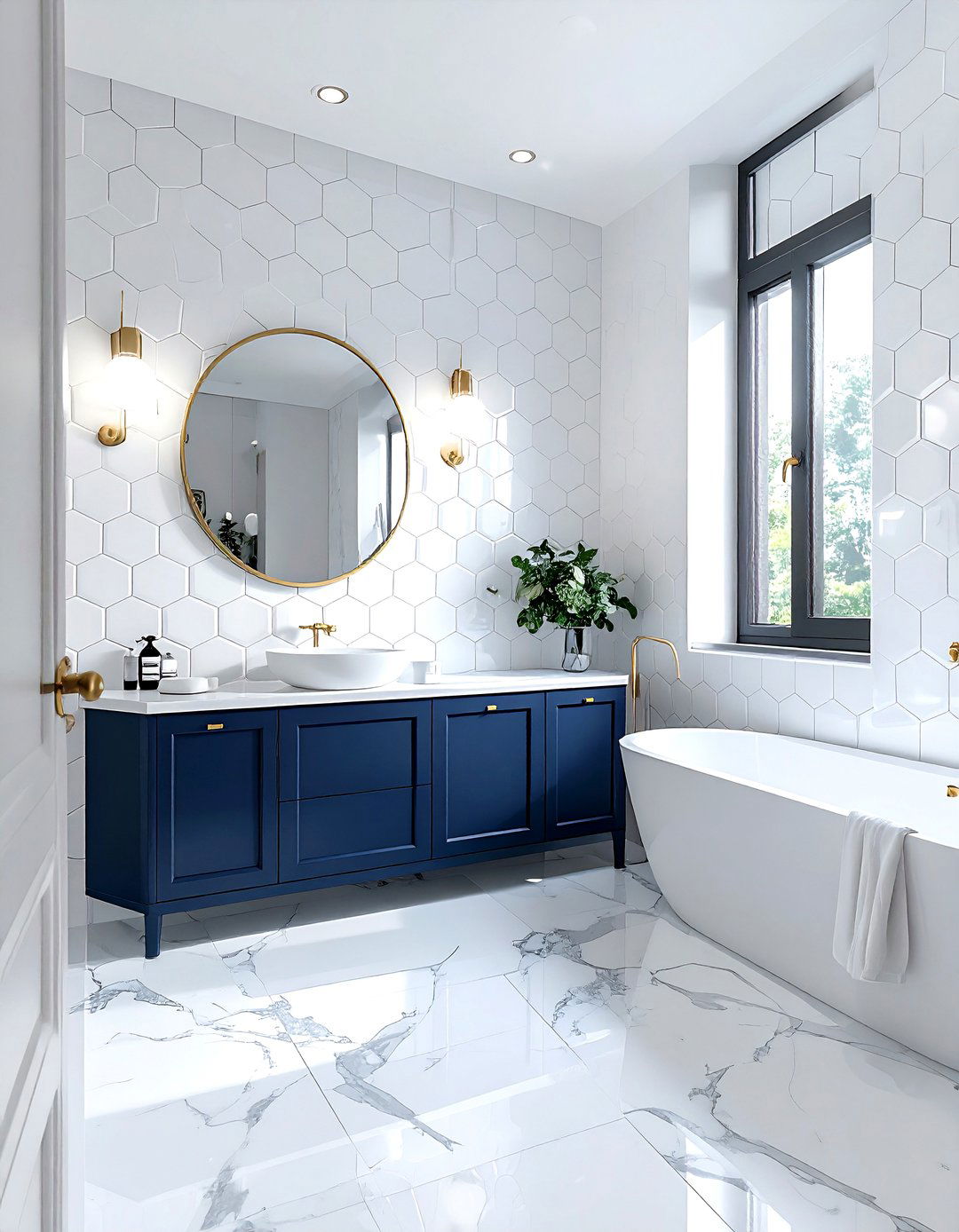 White Hexagon Tile - 30 textured tile bathroom ideas