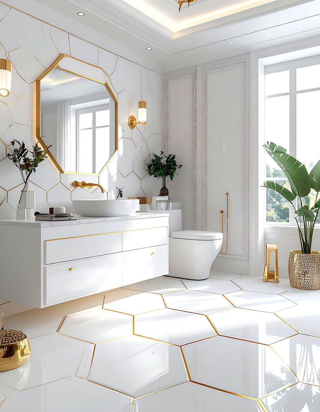 White Honeycomb Tile Gold Grout - 30 white and gold bathroom ideas