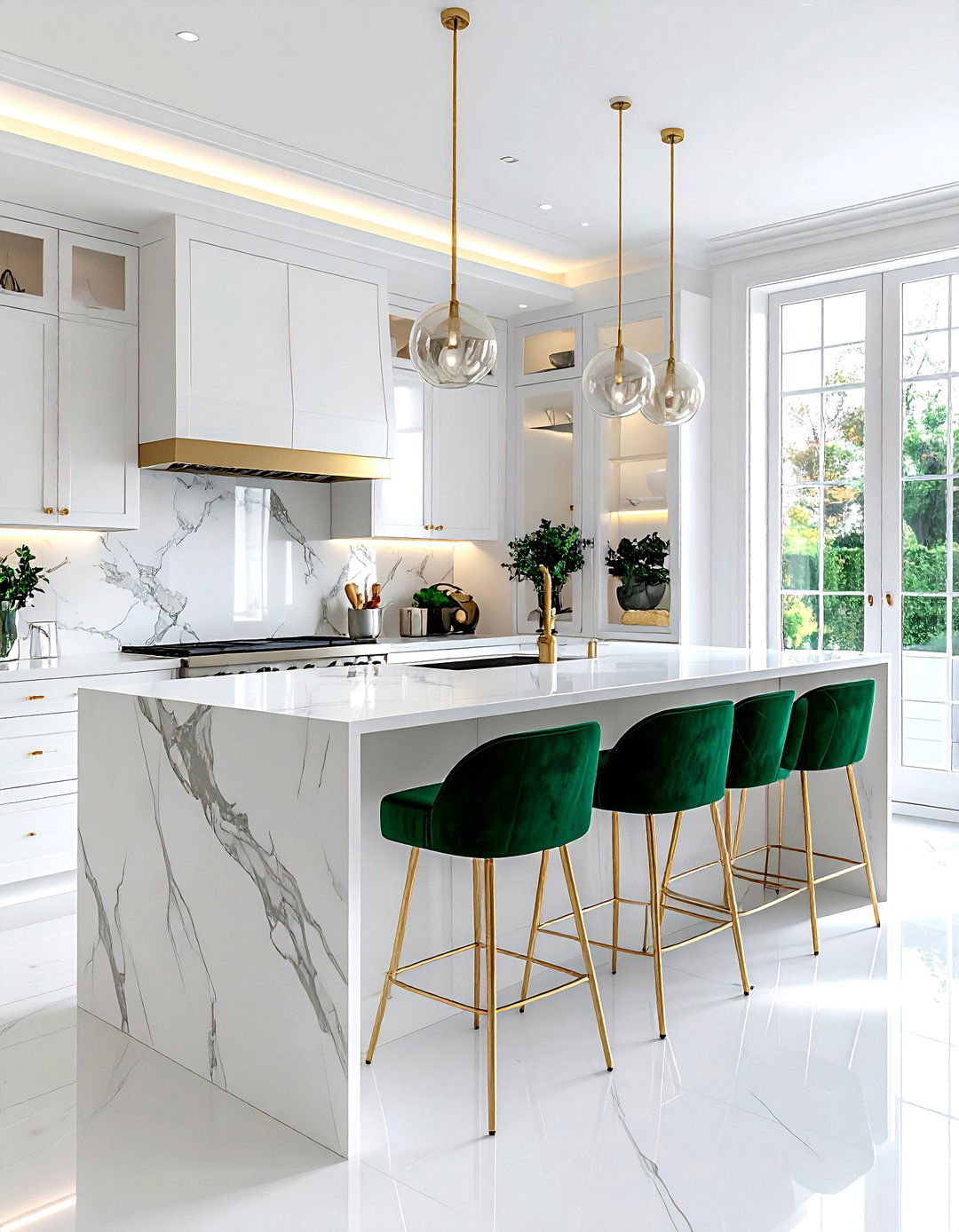 White Kitchen Emerald Green Velvet Bar Stools - 30 emerald and white kitchen ideas