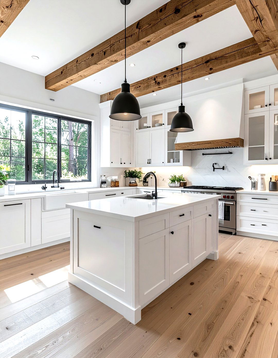 White Kitchen With Wood Beam - 30 lake house kitchen ideas