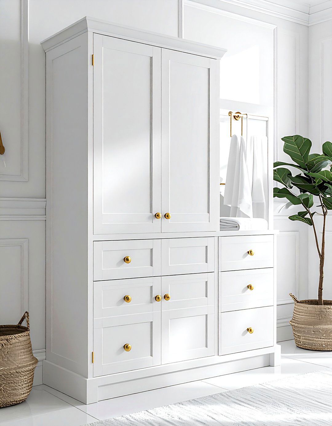 White Linen Cabinet Gold Hardware - 30 white and gold bathroom ideas