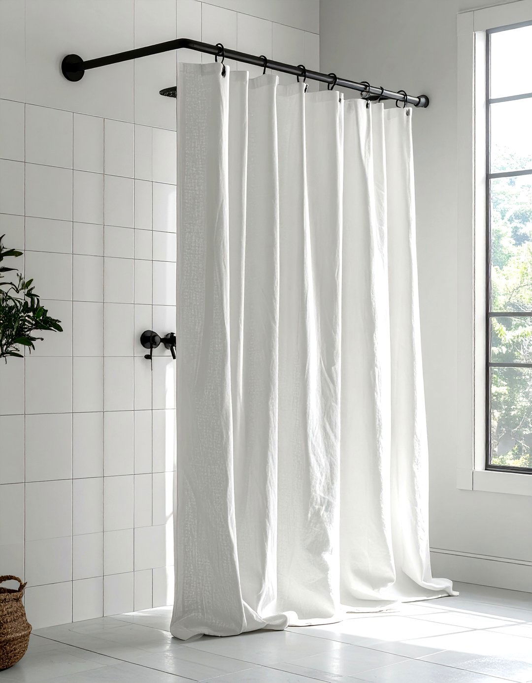 White Linen Shower Curtain - 30 vintage modern bathroom ideas