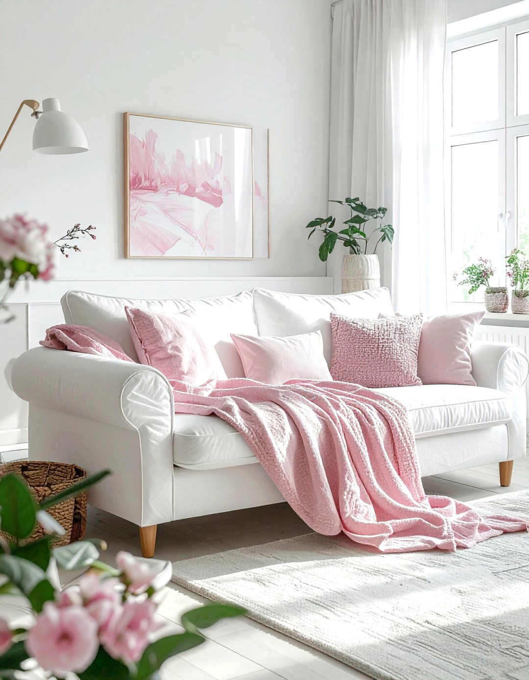 White Linen Slipcovered Sofa - 30 pink and white living room ideas