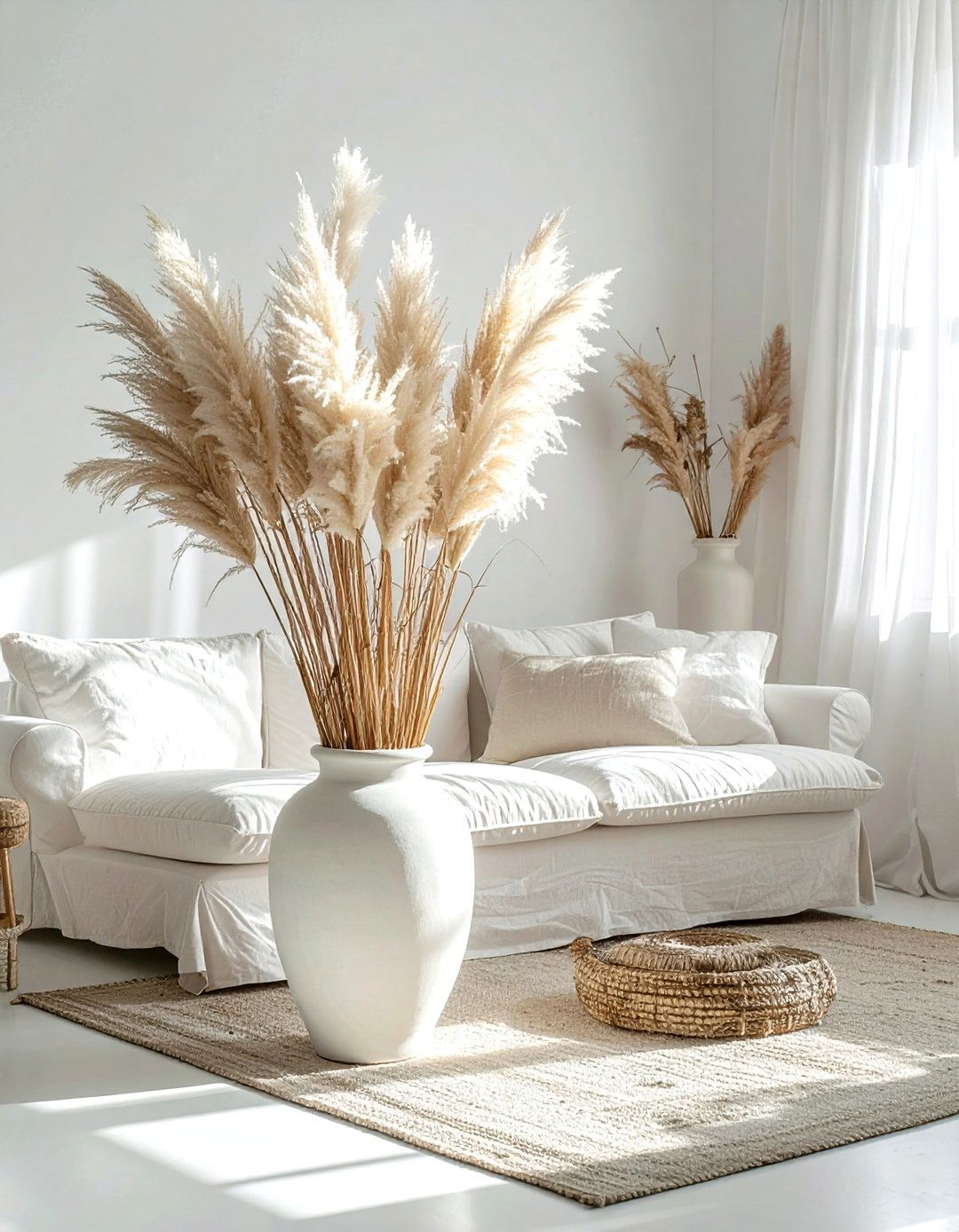 White Living Room With Pampas Grass - 30 bohemian white living room ideas