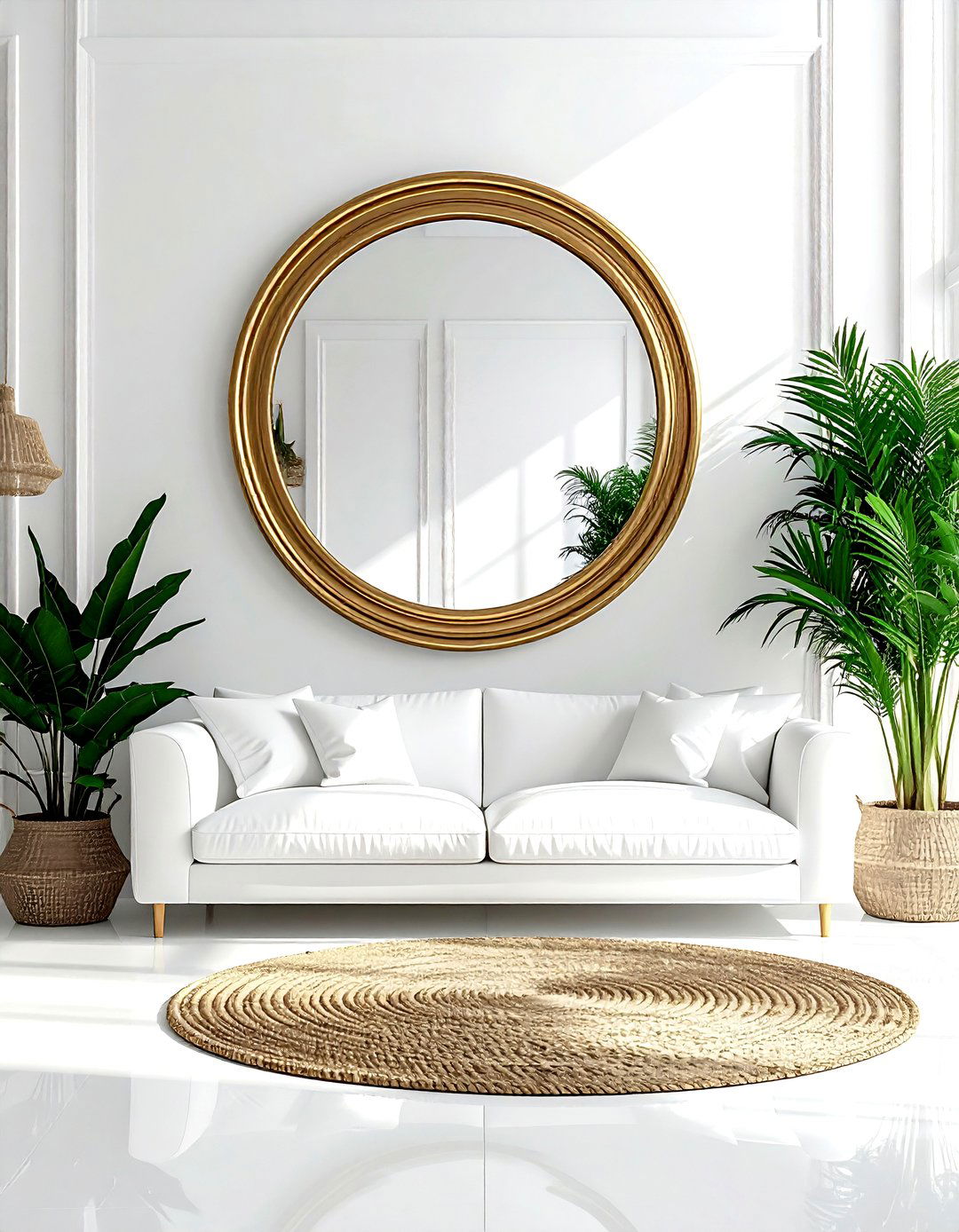White Living Room With Statement Mirror - 30 bohemian white living room ideas