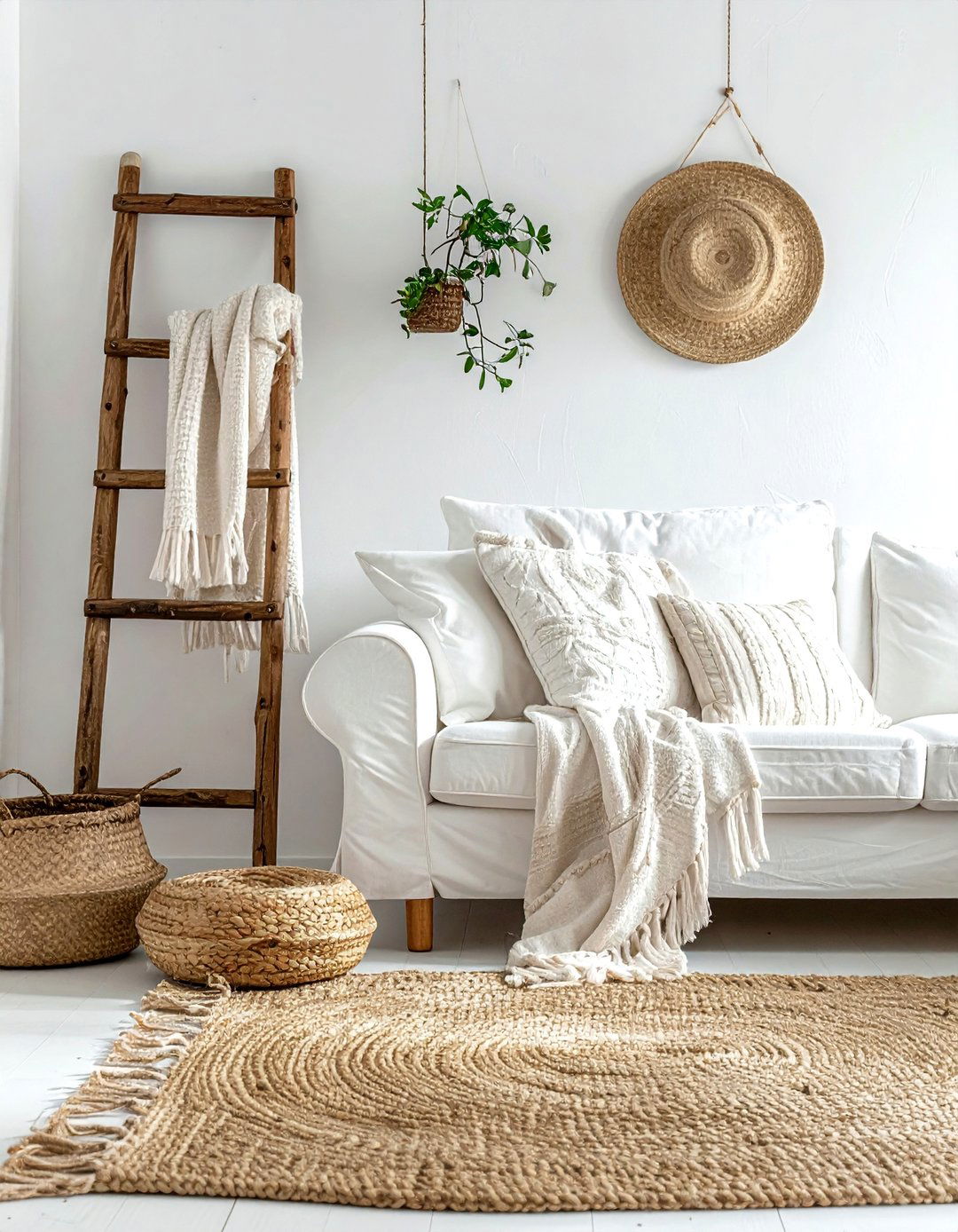 White Living Room With Wooden Ladder - 30 bohemian white living room ideas