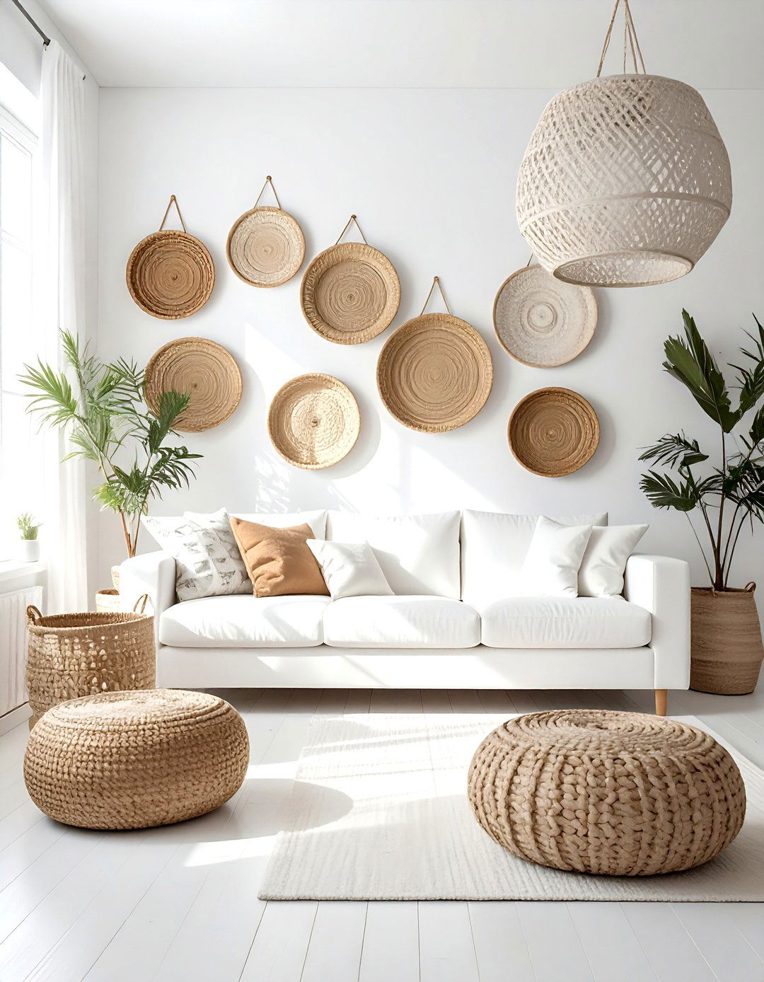 White Living Room With Woven Baskets - 30 bohemian white living room ideas