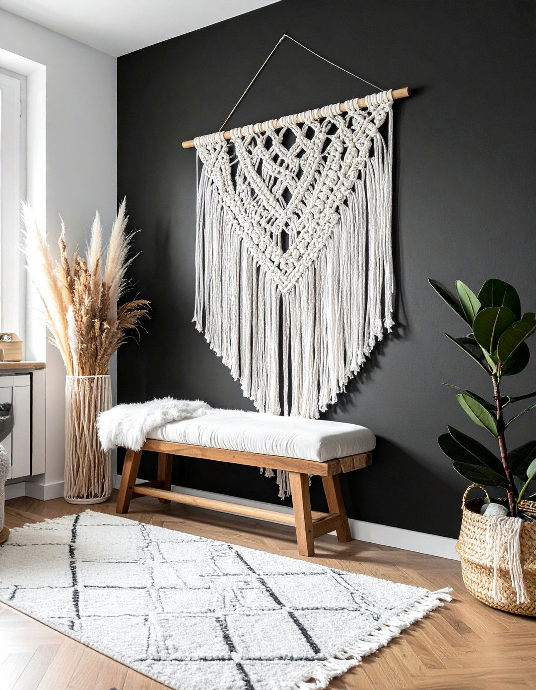 White Macrame Hanging - 30 bohemian black living room ideas