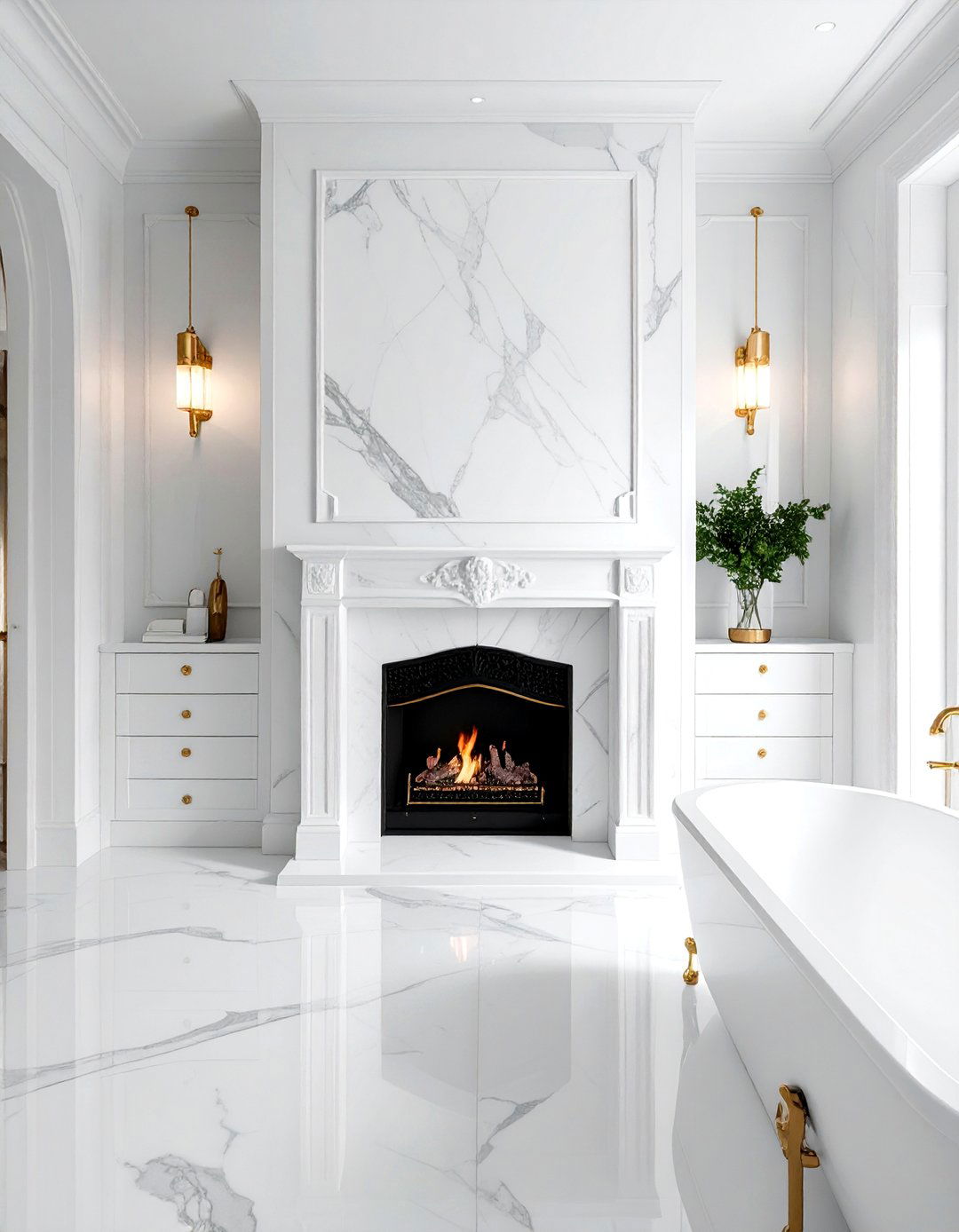 White Marble Bathroom Fireplace - 30 bathroom with fireplace ideas