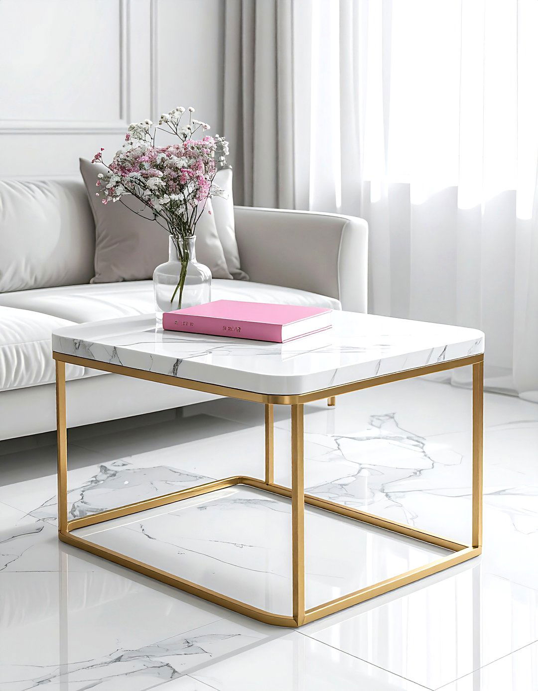 White Marble Coffee Table - 30 pink and white living room ideas